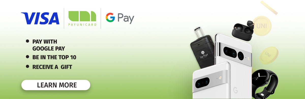 გადაიხადე UNIcard Visa ბარათით Google Pay-ს მეშვეობით და დასაჩუქრდი